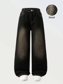 Denimly 女童 West Wild Preppy 户外风格松紧腰拉链门襟个性化印花复古水洗牛仔裤，适合街头、户外和通勤穿着 - 中等水洗藍 - 查看 2