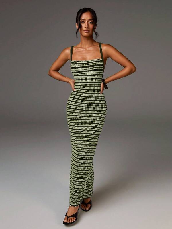 Athîral Women's Striped Fitted Stylish Maxi Slip Dress