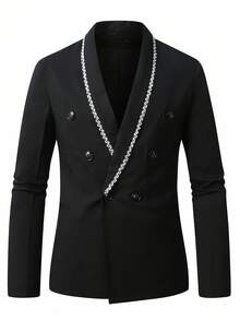 Manfinity Mode 男士派对撞色饰带披肩领双排扣西装外套和前缝西装裤套装 - 黑色 - 查看 3