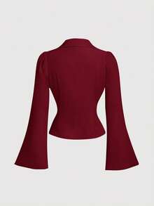 SHEIN MOD 女士V领荷叶边喇叭袖衬衫，收腰设计，酒红色长袖衬衫，女巫风，纽扣衬衫，演唱会女装，嬉皮风，海盗风上衣 - 酒紅色 - 查看 2