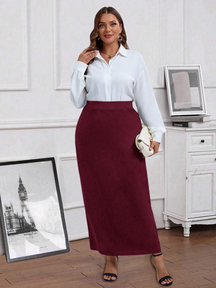 EMERY ROSE Plus Size Women Solid Color High Waist Long Straight Elegant Skirt - Burgundy - View 5