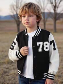 SHEIN Genkimix Kids 1 件装小男孩休闲棒球夹克，带字母和数字印花，长袖，适合 4-7 岁男孩的日常穿着、运动、郊游、返校 - 黑色 - 查看 3