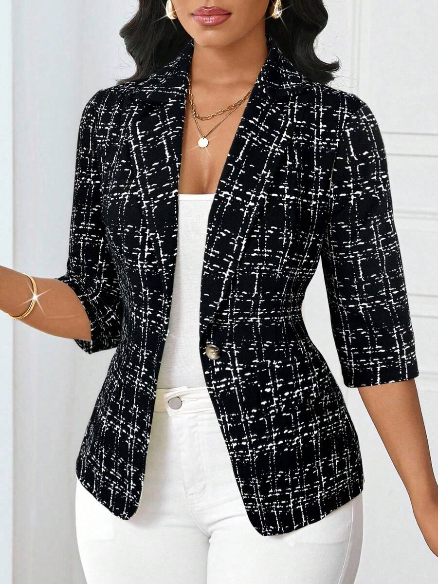 SHEIN Lady Women's Plaid Lapel Neck3/4 Sleeve Single-Breasted Casual Blazer Jacket, Autumn - Multicolor - View 1