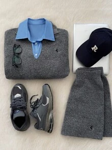 Muvela 女式 Polo 领长袖羊毛衫和短裤两件套，温暖舒适，精致刺绣，复古学院风，休闲日常穿着，返校，下午茶，复古美学，秋季 - 灰色 - 查看 4