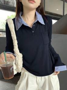 DAZY Women Polo Long Sleeve T-Shirt In Solid Color,Fall Clothes