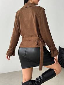 Aidyla Elegancka, modna krótka kurtka damska z długim rękawem i klapami ze sztucznego zamszu z paskiem