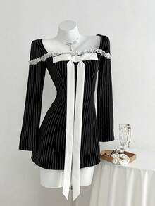 Elamini 1 chiếc váy ngắn cổ vuông tay dài họa tiết sọc đen, viền bèo nhún, thắt nơ, phong cách học sinh tiểu học dành cho nữ, mùa thu/đông, tiệc tùng và ngày lễ tình nhân - màu đen - Xem 3