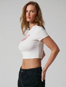 MUSERA 修身印花字母两件装婴儿T恤衫，短款印花背心，酷女孩秋季外出性感服装，深红色派对优雅春夏假日装扮 - 米色 - 查看 4