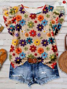 EMERY ROSE 优雅复古度假风格热带花卉印花宽松圆领双层盖袖衬衫，加大码 - 彩色 - 查看 1