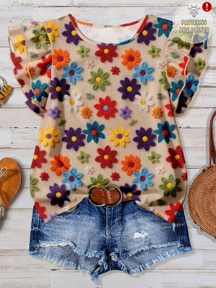 EMERY ROSE 优雅复古度假风格热带花卉印花宽松圆领双层盖袖衬衫，加大码 - 彩色 - 查看 1