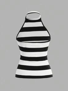 SHEIN SXY 2件套夏季时尚黑白条纹吊带上衣，商务休闲，办公室，外出 - 黑與白 - 查看 4