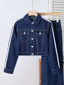 少女Y2K休闲纯色水洗侧条纹拼接原色牛仔宽松短外套，适合返校、返校节、教堂、商务休闲场合，以及街头风格。 - 深色水洗藍 - 查看 3