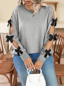 SHEIN Clasi Plus Size Crew Neck Fashion Bow Decor Hollow Out Long Sleeve Casual Sweatshirt, Pullover Fall Winter Autumn - Grey - View 5
