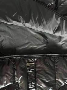 Sparklyn Teen Girl Casual Thickened Padded Coat, Fur Collar Hood, Elastic Waist, Slant Pockets, Glossy Black Fabric, Suitable For Winter Commuting, Travel, Can Be Paired With Pants, Sweatpants, Hoodies, T-Shirts, Sweaters Fall - Black - View 10