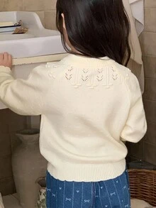 Dazy Kids Young Girl Solid Color Front Button Hollow Casual Long Sleeve Cardigan - Beige - View 3