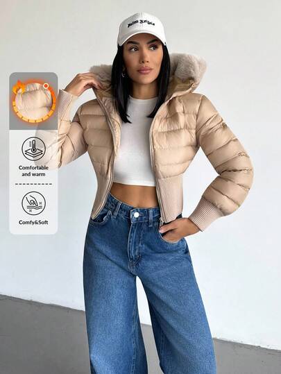 SHEIN PETITE Casual Hooded Cropped Jacket With Fur Collar, Winter