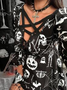 Whyspr Halloween Plus Size Women's Criss-Cross Straps Regular-Shoulder Lantern Sleeve Punk Style Skull Print Dress Fall Cloth For Women - Multicolor - View 1
