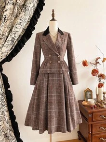 Vintamour 复古优雅女士套装，两件套带口袋，格子拼接，双排扣，A 字裙，秋冬休闲/工作/度假 - 棕色 - 查看 2