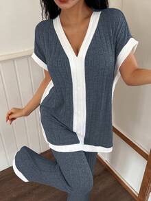 Lazeform 2件套女士针织休闲拼色V领短袖上衣和裤子睡衣套装 - 藍色 - 查看 3