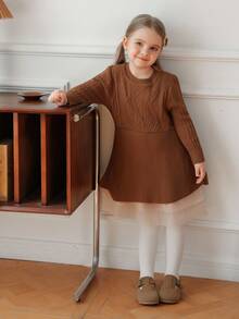 Young Girl Elegant Mesh Patchwork Knit Dress, Autumn/Winter Fall - Brown - View 4