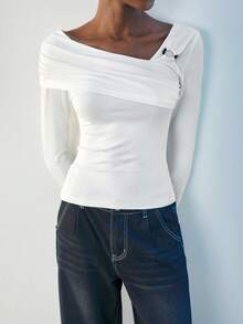 Maija White Asymmetric Ruched Front Rose Gold Metal Button Decor Long Sleeve Minimalist Elegant Blouse For Women White Top Women Long Sleeve White Top Fitted Tops Women Women Long Sleeve Tops White Tops Women,Fall Women Clothes,Halloween,Fall Clothes For Women