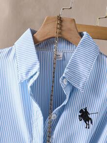 Sparklyn 1pc Girls Collared Long Sleeve Button-Up Striped Shirt With Embroidered Graphic, Casual Top For Autumn Fall Winter