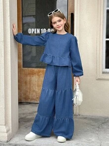 Serisse Kids 2 件/套青少年女孩纯色水洗休闲优雅牛仔圆领长袖蝴蝶结露背宽松上衣和阔腿裤，背心和裤子牛仔两件套，Ted 口袋，休闲学院风舒适时尚简约实用百搭柔软面料，女孩秋冬装返校返校装，秋季服装，街头服饰，哥特裤，宽松牛仔裤 - 中等水洗藍 - 查看 6