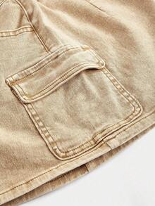 SHEIN Tall Minifalda vaquera casual de mujer con bolsillos - Caqui - Ver 4