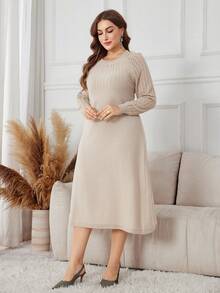 Lacomfia Vestido de punto de talla grande con textura y parches de unicolor para uso casual y de oficina - Gris Claro - Ver 4