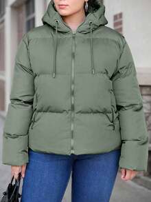 EURMUSE Plus Size Solid Color Minimalist Everyday Zip-Up Hooded Padded Coat - Mint Green - View 3