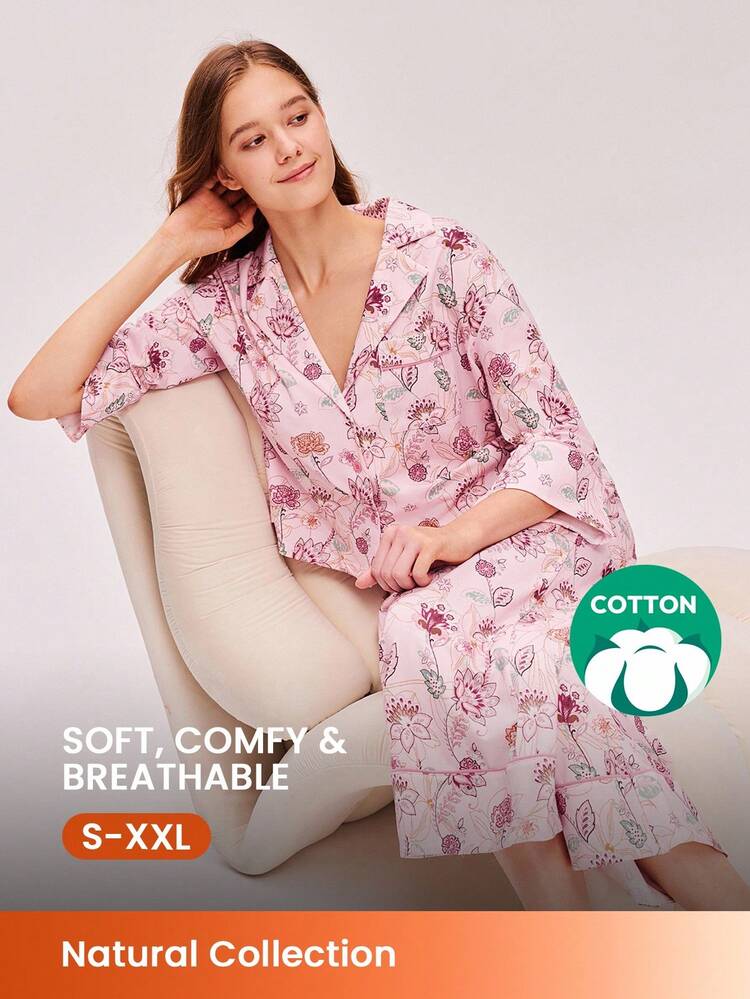 Conjunto de pijama de verano básico de algodón suave con estampado floral rosa, top abotonado y pantalones para mujer. Conjunto de lencería y pijamas de algodón con bolsillos.