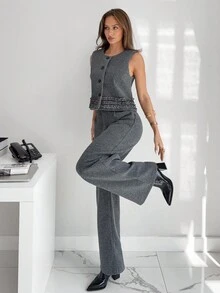 Siren Gaze 女士单排扣马甲裤套装，秋冬款 - 灰色 - 查看 5