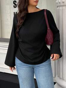 Easura Plus Size Solid Color Boat Neck Asymmetric Hem Elegant Bell Sleeve Blouse, Plus Size Black Tops Bell Sleeve Top Plus