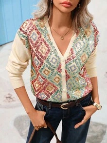 Vivid Eden Minimalist Casual Geometric Pattern Sequin Decor Knit Cardigan In Fall/Winter - Multicolor - View 1