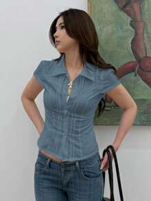 DAZY Camisa de mujer de manga corta ajustada de unicolor con cuello - Neblina azul - Ver 5