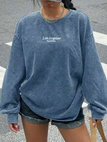 SHEIN EZwear Plus Size Acid Washed Look Vintage Knitted Distressed Loose Fit Long Sleeve T-Shirt Blue Sweatshirt/Fall/Winter - Baby Blue - View 1