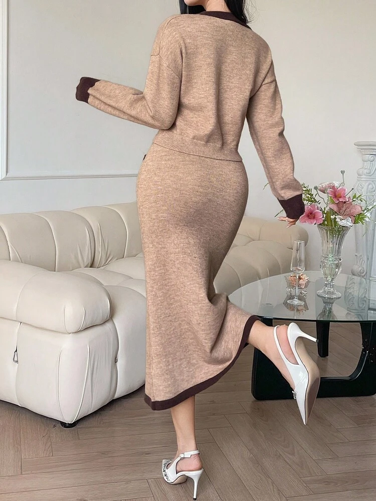 Women's Casual V-Neck Colorblock Sweater With Pockets & Button Decor + Straight Skirt 2-Piece Set, Autumn
