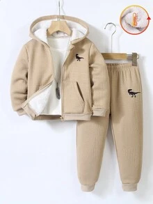 SHEIN Genkimix Kids 2 件套可爱卡通印花拉链连帽衫和慢跑裤套装，休闲街头服饰，舒适秋冬 - 杏色 - 查看 7