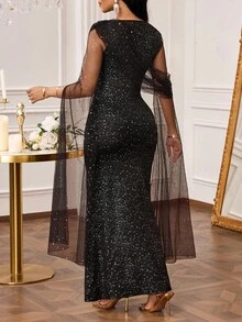 SHEIN Lady Váy dự tiệc thanh lịch dành cho nữ với họa tiết in toàn bộ, vải lưới mỏng, tay loe và viền đuôi cá - màu đen - Xem 2