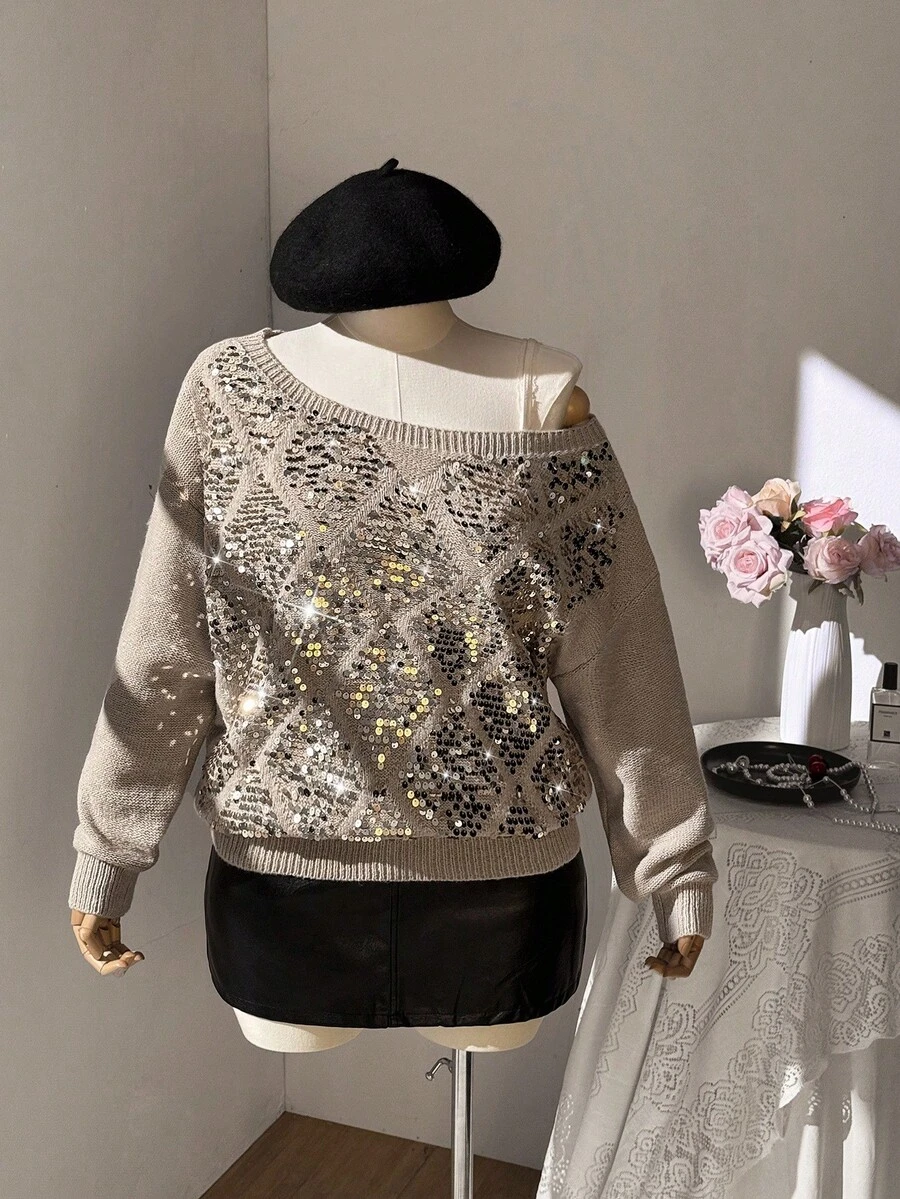 Flirla เสื้อสเวตเตอร์สวมหัวไซส์ใหญ่ - สีกากี - ดู 1