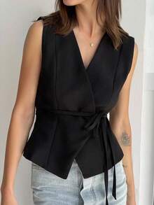 INAWLY Áo hai dây buộc thời trang nữ màu trơn đơn giản thiết kế tối giản - màu đen - Xem 2