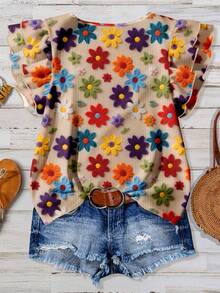 EMERY ROSE 优雅复古度假风格热带花卉印花宽松圆领双层盖袖衬衫，加大码 - 彩色 - 查看 2