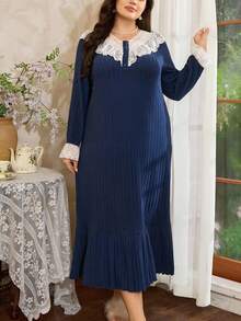 Côtesoire 加大码法式蕾丝荷叶边下摆长裙，优雅睡袍，适合秋冬蕾丝边睡袍长袖睡袍女式睡袍女士睡裙复古睡袍加大码睡袍睡裙睡衣裙，秋季，舒适服装 - 藏蓝色 - 查看 1