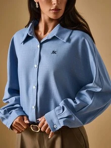 Briarwyn Áo sơ mi nữ màu xanh trơn đơn giản, dễ mặc khi đi làm, phong cách cổ điển, áo sơ mi công sở cài nút - Màu xanh lam - Xem 3