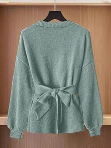 GlowEve Cardigan tricotat casual pentru femei, culoare solidă, cu umeri căzuți, mânecă lungă și curea, toamnă - Menta verde - Vizualizare 2