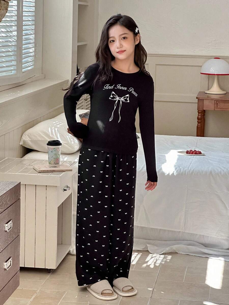 DAZY 2 件 Tween Girl 图案印花圆领长袖 T 恤和全印花裤家居服套装,秋季 - 黑色 - 查看 1
