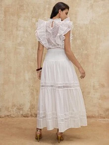 SHEIN Privé VITNOS 优雅甜美镂空刺绣雪纺拼接纯白色透明荷叶边领荷叶边女式吊带背心，春夏 - 白色 - 查看 4