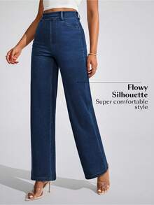 Flexra Women's Pocket Loose Wide Leg Casual Versatile Jeans - Dark Wash - View 3