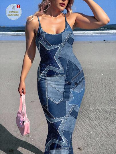 Veykashi Vestido camisero de Body entero minimalista casual, adecuado para el verano, de tela estampada con estampado de estrella azul, sexy