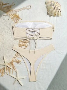 Swim SXY Women 2 Pieces Starfish Hollow Back Cross-Tied Bandeau Bikini Set For Summer Beach Vacation - Apricot - View 5